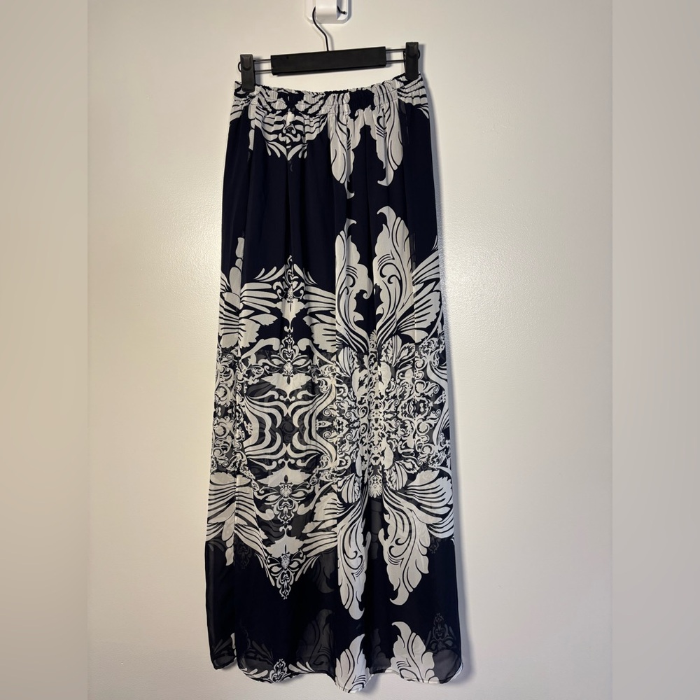 Blue Rain Navy Blue and White Ornate Print Maxi Skirt sheer from thigh down! - Picture 6 of 6